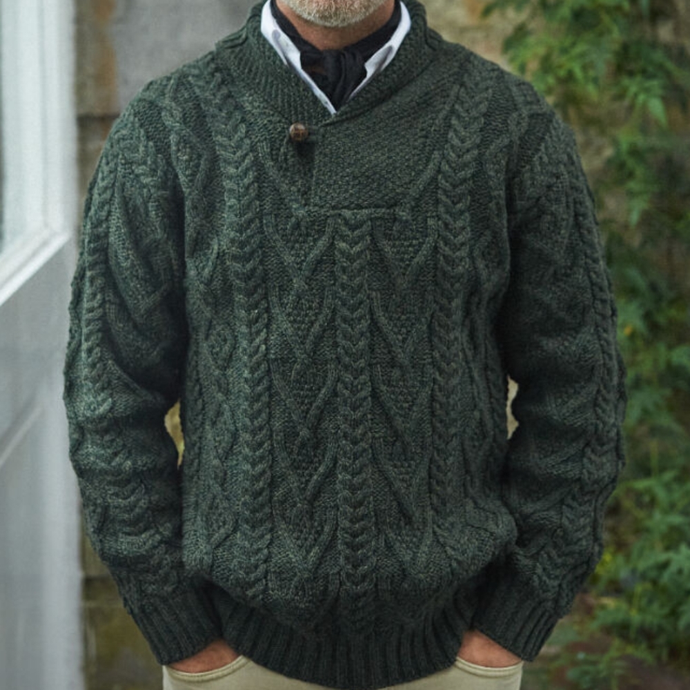 Aran Crafts Merino Wool Irish Cable Knit Shawl Collar Pullover Sweater P…